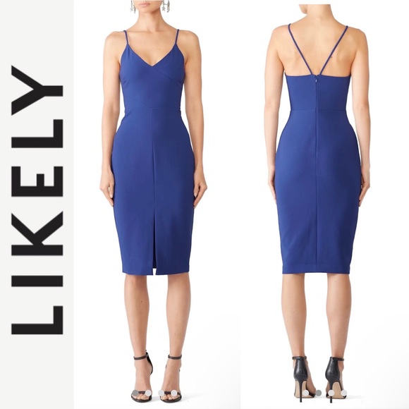 Likely Dresses & Skirts - LIKELY Brooklyn Cocktail Dress Blue Midi Bodycon Strappy Sexy Front Slit Revolve